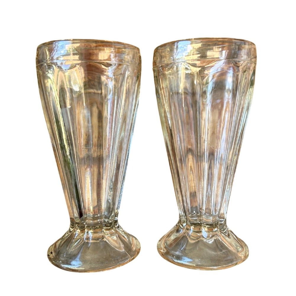 Vintage Clear Glass Fluted Soda Fountain Milkshake Sundae Glasses Set of 2